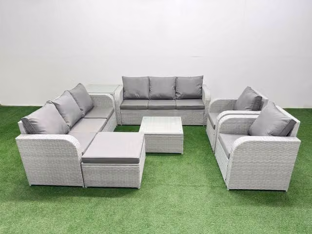 Fimous PE Rattan High Back Lounge Sofa Set in Light Grey with 3 Seater Sofa, Reclining Chair, Ottoman, Side Table and Coffee Table