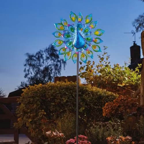 mysmartbuy Peacock Wind Spinner with Solar Powered LED Crackle Glass Globe in Multicolour, H 130 x W 38 cm