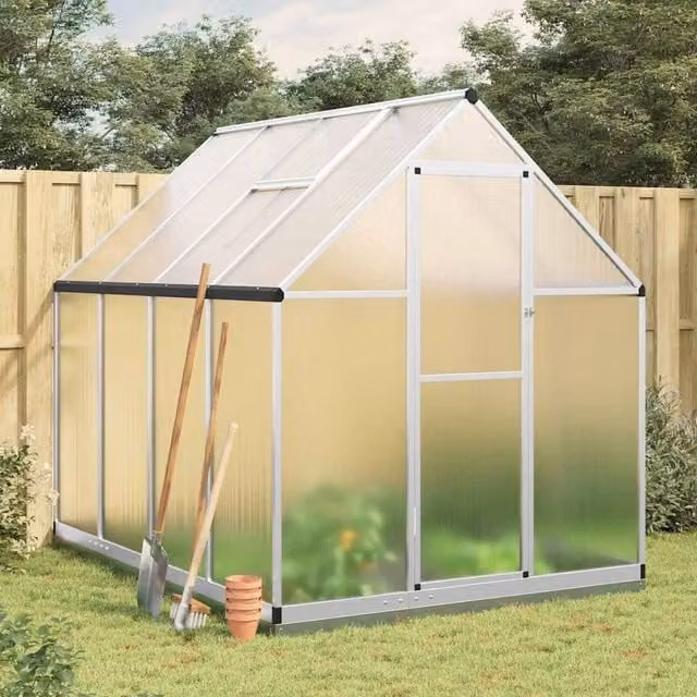 Berkfield Home Silver Aluminium Greenhouse with Polycarbonate Panels and Base Frame, W/D/H: 224 x 169 x 202 cm