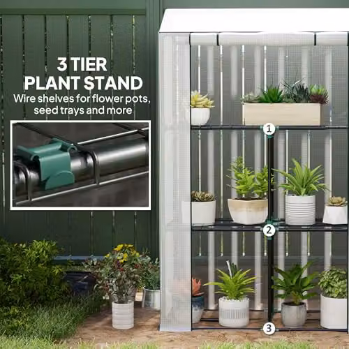 Outsunny 3 Tier Mini Greenhouse with PE Cover and Shelving, White, W/D/H: 100 x 40 x 150 cm – 5