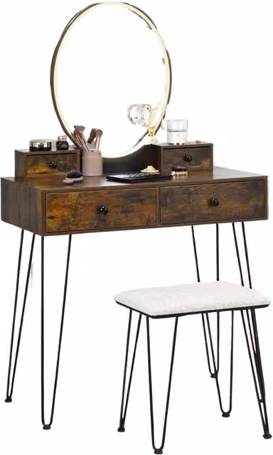 Pirlo Plush Industrial Dressing Table with Hollywood LED Mirror and Stool in Brown