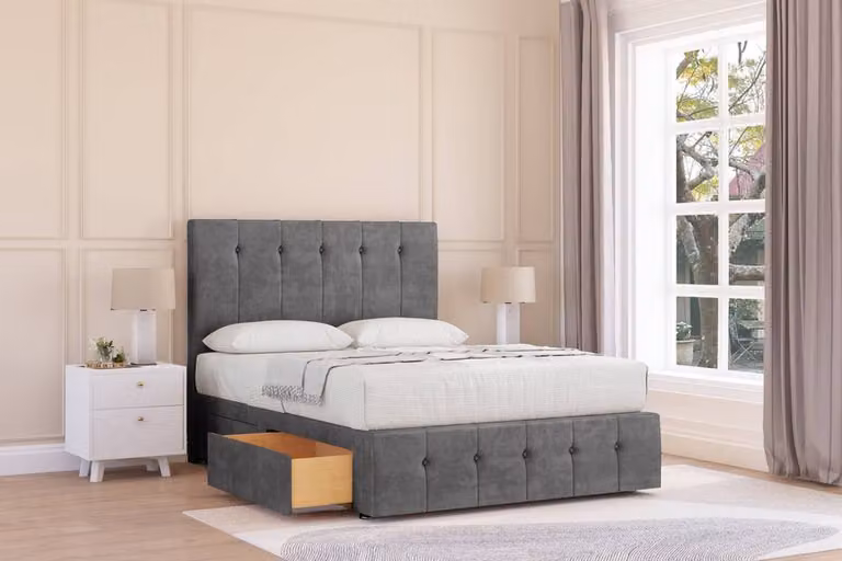 Sloomy Cambridge Plush Divan Base with 2 Drawers, 26 inch Headboard and 12 inch Footboard, Dark Grey, Super King, W/D/H: 200 x 200 x 30.48 cm