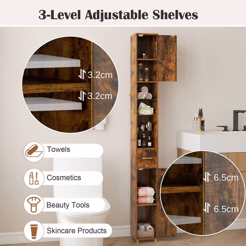 Costway Brown Freestanding Narrow Bathroom Storage Cabinet with 3 Hinged Doors and Internal Shelves, Height: 180 cm – 7