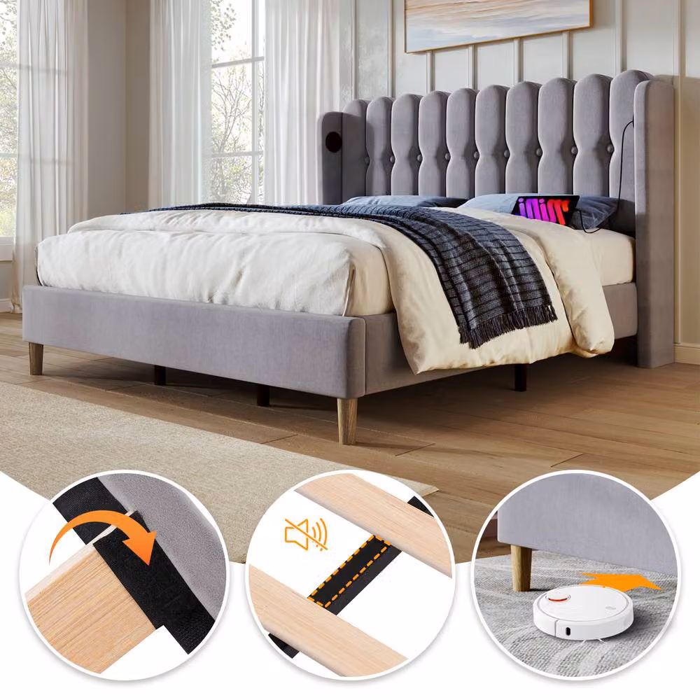 ModernLuxe Upholstered Fabric Bed in Grey with USB Charging Port and Wooden Slatted Frame, W/D/H: 140 x 103 x 197 cm – 3