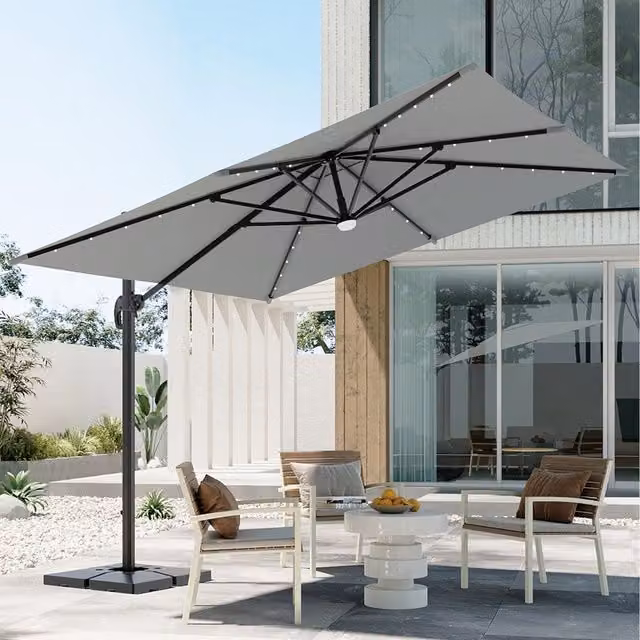 Komore Square Cantilever Parasol with Solar-Powered Lights in Light Grey and Black