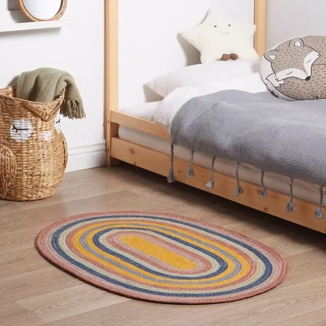 Wyld and Coco Kids Handwoven Jute Oval Rug, Multicolour, W: 70 cm, L: 100 cm