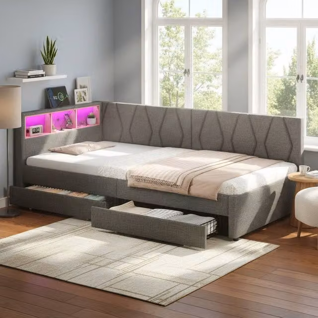 BTM Single Daybed with Storage Drawers, LED Lighting and USB Charging Station in Grey, W/D/H: 90 x 190 x 38.28 cm