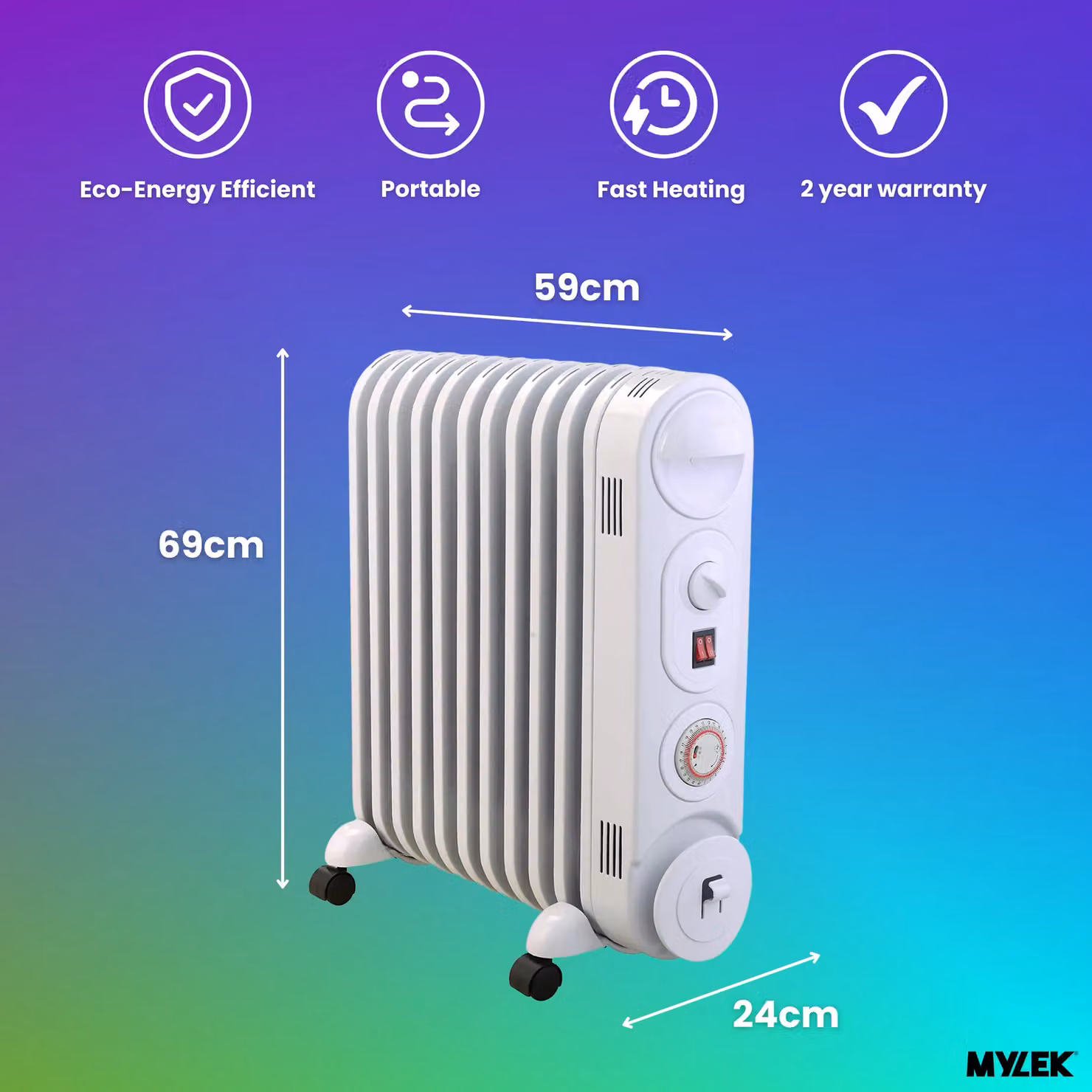 MYLEK White 2.5kW Electric Oil Filled Radiator with Thermostat, 24 Hour Timer and Tilt Protection – 2