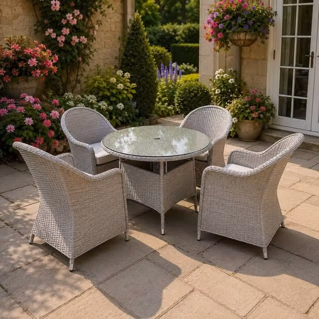 Shatchi Sorrento 4-Seater Rattan Round Garden Dining Table and Chairs Set in Sand with Powder Coated Aluminium Frame