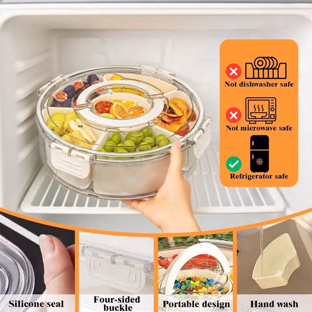 FLAVORA Rotatable Multi-Compartment Round Snack Tray in White and Transparent Plastic – 3