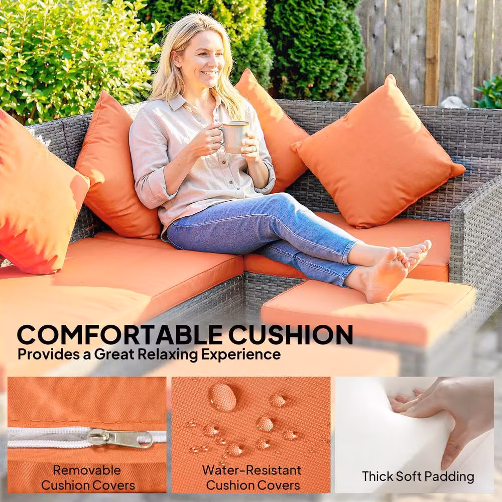 Outsunny 5 Piece Rattan Garden Dining Corner Sofa Set in Orange – 8