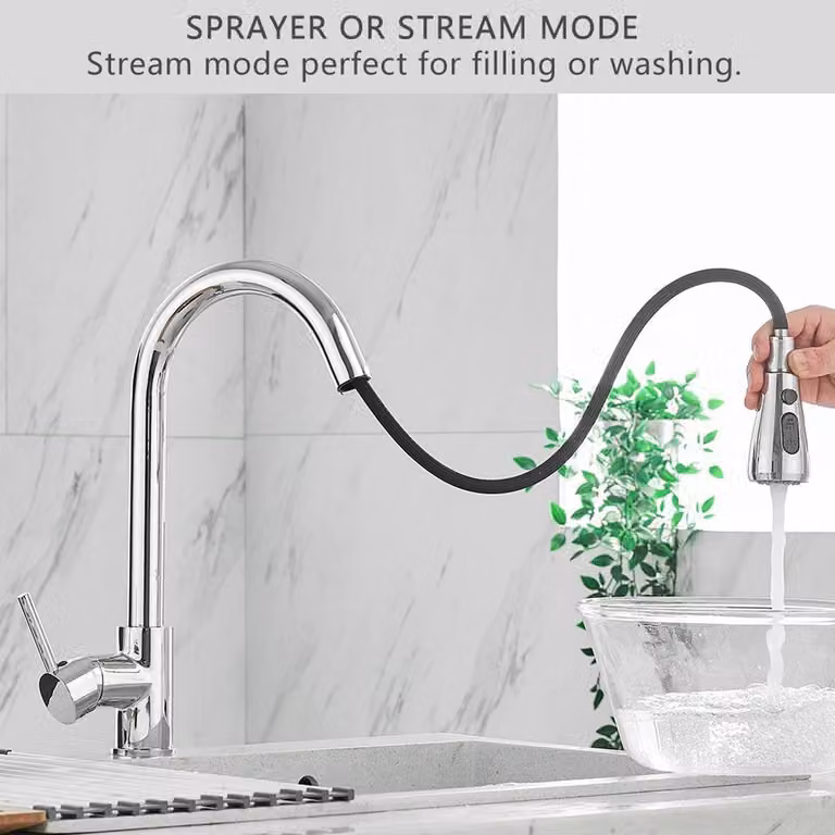 Heable Sleek Single Lever Kitchen Sink Mixer Tap with Pull Out Sprayer and Swivel Spout in Silver Chrome, H 38.0 cm x W 22.0 cm x D 20.0 cm