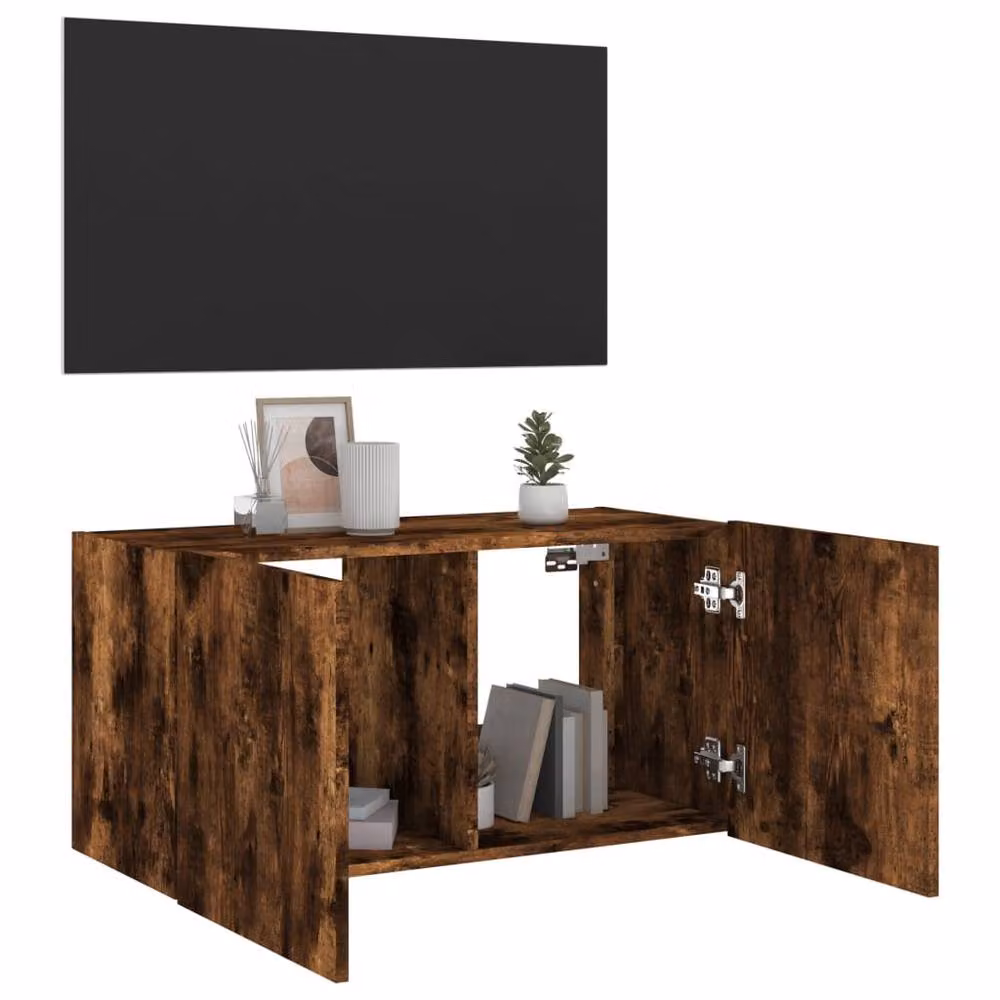 Berkfield Home Modern Wall-Mounted TV Cabinet with Integrated LED Lights in Smoked Oak Brown, W: 80 cm, D: 35 cm, H: 41 cm – 7