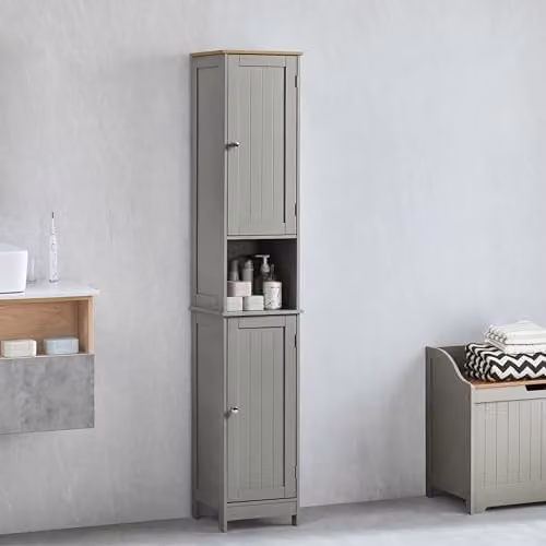 Bath Vida Priano Grey Modern Freestanding Bathroom Tallboy Storage Cabinet with 2 Hinged Doors and Internal Shelves, H 170 x W 32 x D 30 cm – 1