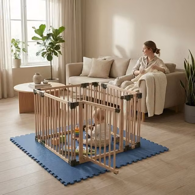 Safetots Hexagonal Wooden Play Den with Soft Foam Play Mat in Dusty Blue and Natural, W/D/H: 180 x 150 x 80 cm