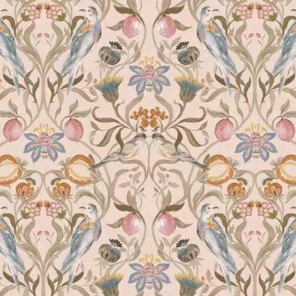 Edinburgh Weavers Songbird Floral Cotton Fabric in Pink and Blue