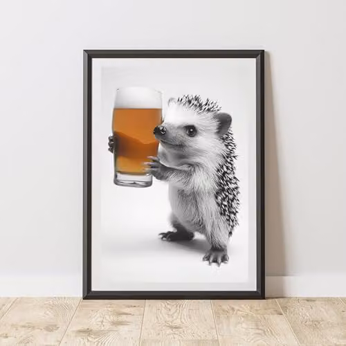 60 Second Makeover Funny Hedgehog Drinking Beer Paper Poster, A4