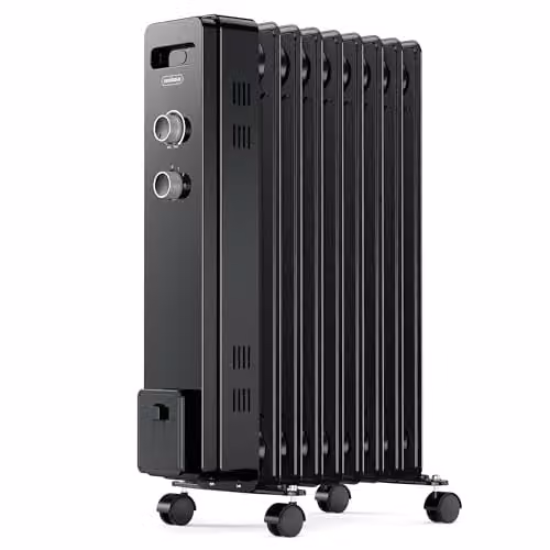 VonHaus 2000W Oil Filled Radiator, Black Freestanding Electric Heater with Adjustable Thermostat and Overheat Protection