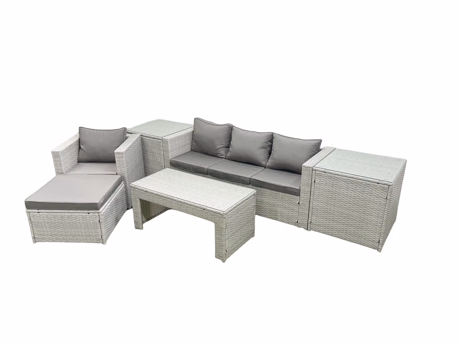 Fimous 5 Seater Rattan Garden Furniture Set in Light Grey with Grey Cushions, 3 Seater Sofa, Armchair, Ottoman and Coffee Table – 2