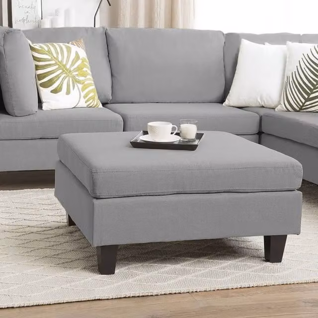 Wyld and Coco Minimalist Rectangular Square Ottoman Footstool in Grey Fabric with Oak Wood Frame