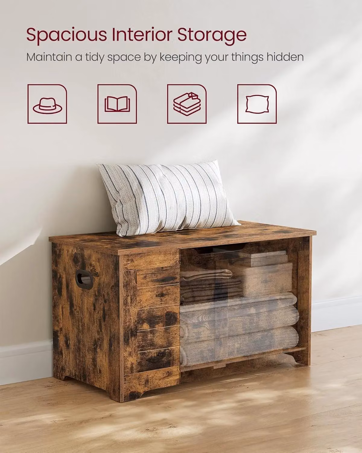 VASAGLE Rustic Brown Storage Chest and Blanket Box Bench with Safety Hinges – 3