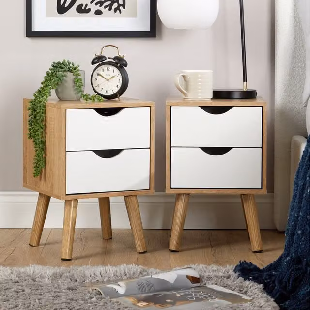 Home Source Boden Pair of 2 Drawer Bedside Table Storage Units in Oak and White
