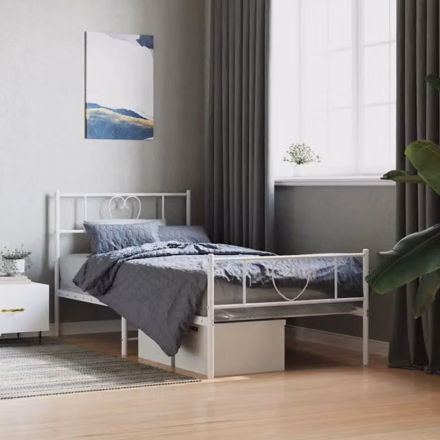 Berkfield Home Metal Bed Frame with Headboard and Footboard in White, W: 107 cm, L: 203 cm – 1