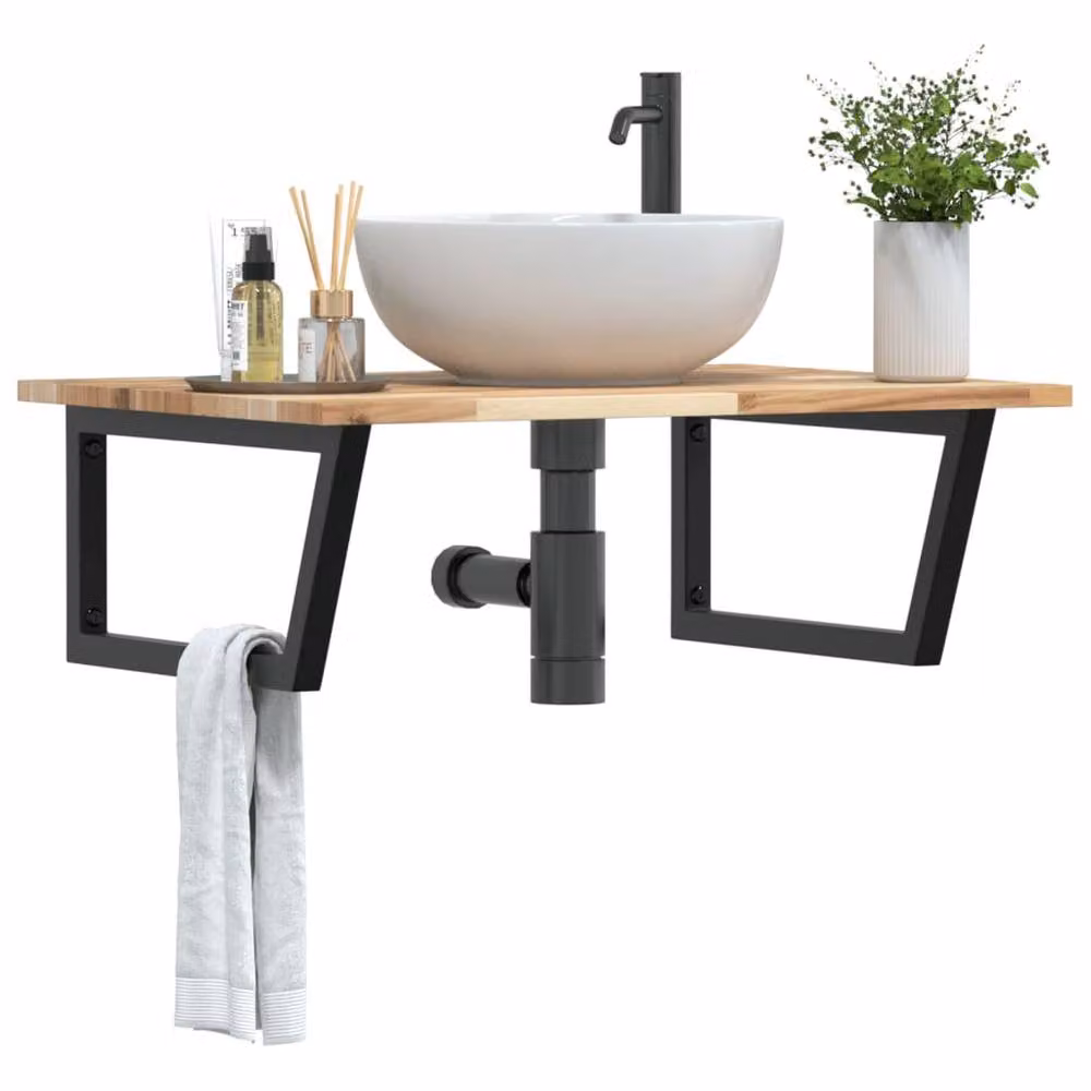 Berkfield Home Elegant Wall Mounted Basin Shelf in Brown Acacia Wood and Steel – 2