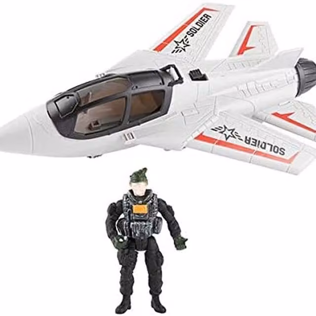 UMKYTOYS Toy Army Fighter Jet Aeroplane with Soldier Figure, White