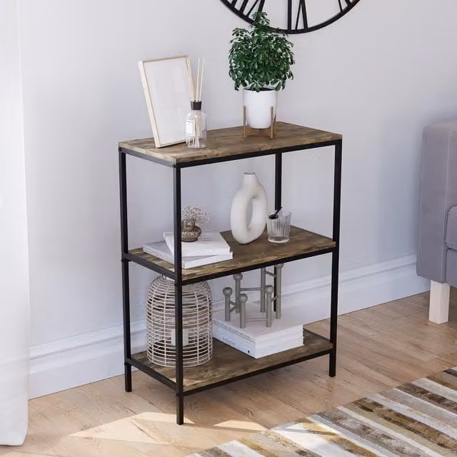 Vida Designs Brooklyn 3 Tier Industrial Bookcase in Black, Grey and Brown Wood and Metal