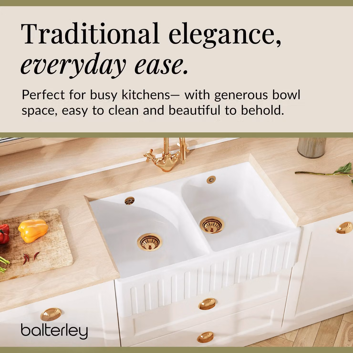 Balterley White Ceramic 2 Bowl Fluted Front Butler Kitchen Sink with Full Weir, Width: 79.5 cm – 2