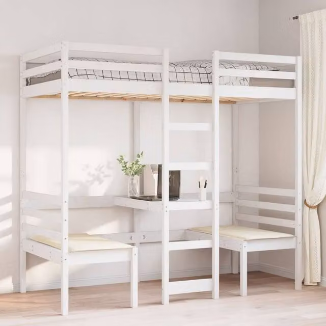 Berkfield Home Loft Bed Frame with Desk and Chairs in White Solid Pine W/D/H: 200 x 80 x 155.5 cm