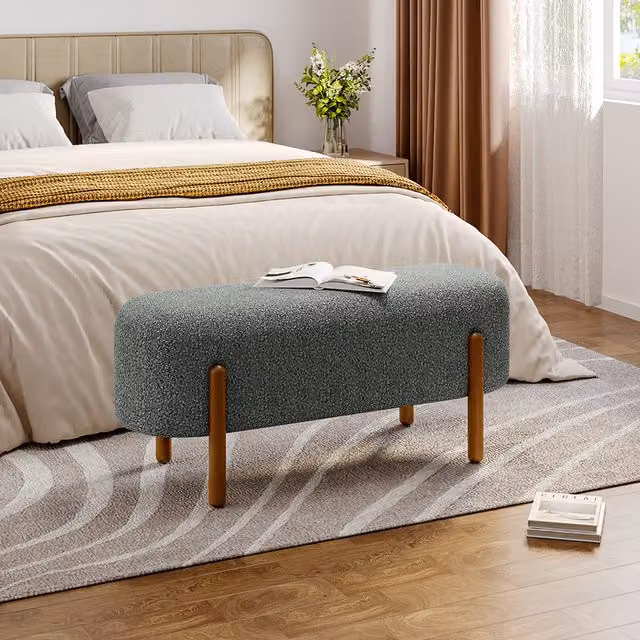 Livingandhome Modern Fabric Upholstered Grey Bench with Wooden Legs for Hallway or Bedroom