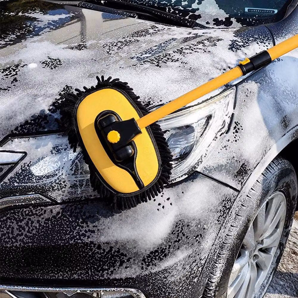 FLAVORA Yellow Car Wash Brush Mop with Telescopic Aluminium Handle and Microfibre Head – 4