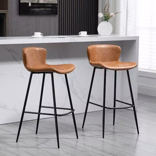 HOMCOM Set of 2 Brown PU Leather Upholstered Bar Stools with Backs and Metal Legs – 2