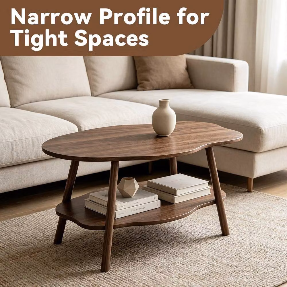 KORVIXA Minimalist 2-Tier Modern Coffee Table with Storage Shelf, Brown, W/D/H: 100 x 100 x 40 cm – 3