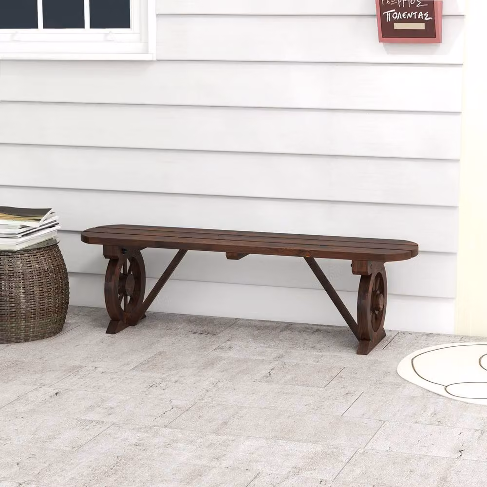 Gymax Rustic Brown Slatted Carbonised Wood 2-Seat Long Bench with Wagon Wheel Base for Garden and Terrace – 6