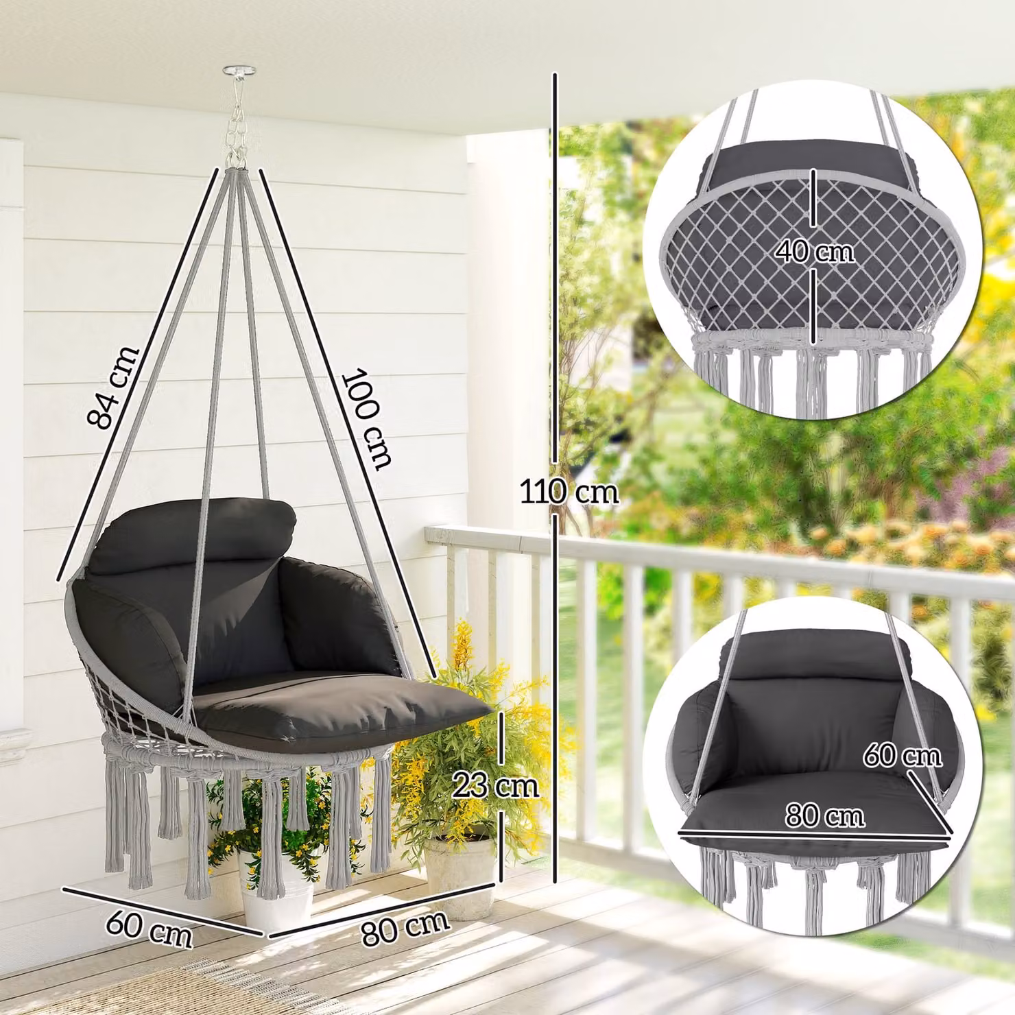 Outsunny Boho Style Hanging Egg Chair with Weatherproof Cushion and Metal Frame, Dark Grey – 3
