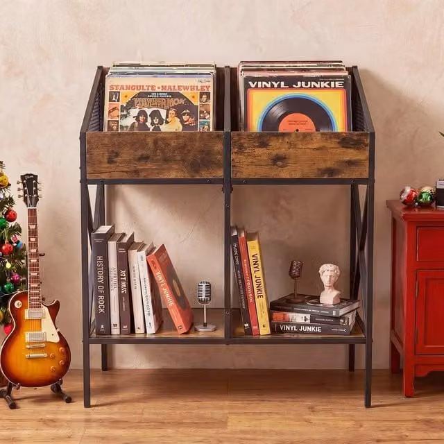 KORVIXA 2-Tier Industrial Media Display Shelf in Brown, W/D/H: 100 x 100 x 100 cm