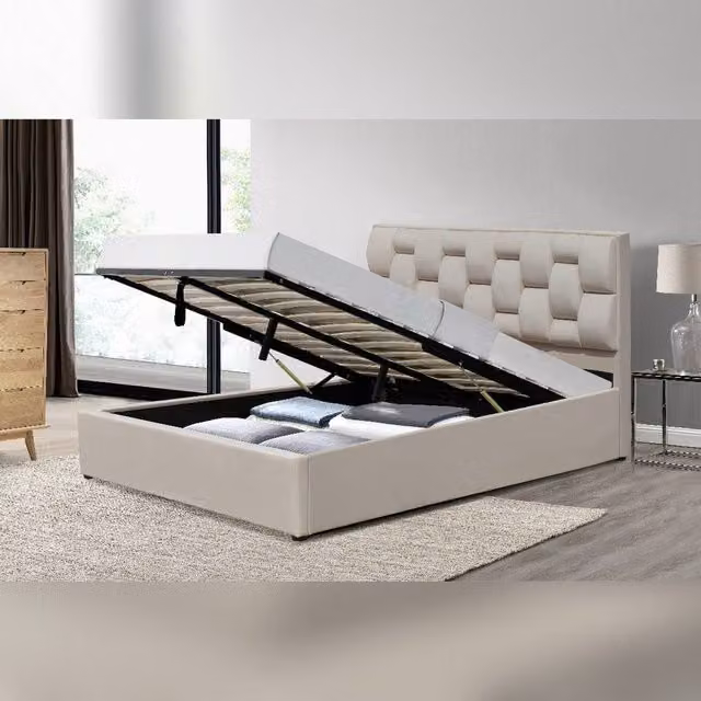 Comfy Living Ltd Plush Velvet Upholstered Gaslift Storage Bedframe in Cream, W/D/H: 140 x 200 x 110 cm