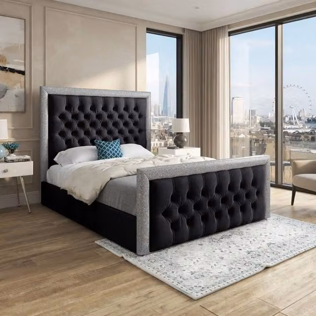 Casani Thorne Upholstered Black Velvet Designer Bed Frame W/D/H: 200 x 200 x 189 cm