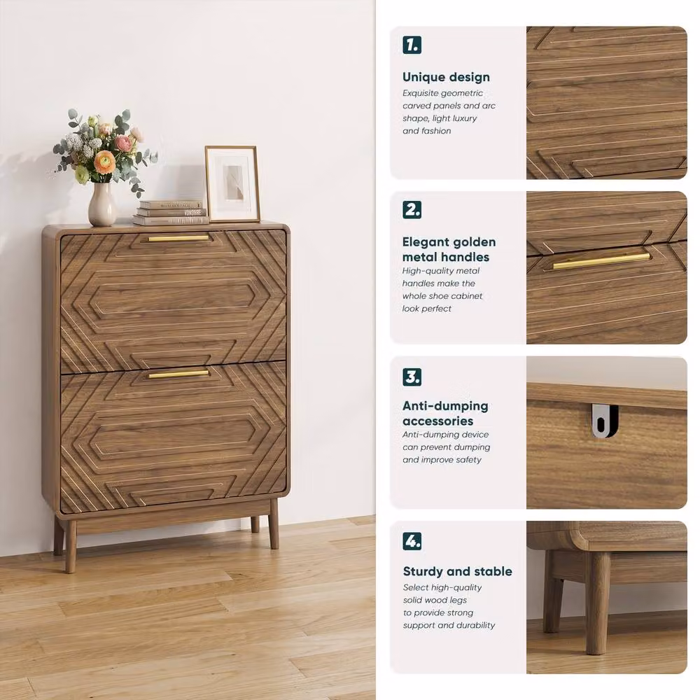Merax Walnut Slim 2 Compartment Shoe Cabinet with Geometric Fronts, Brown and Gold, W/D/H: 60 x 24 x 95 cm – 4