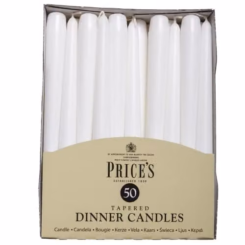 Price's Candles Classic White Tapered Dinner Candles, Pack of 50