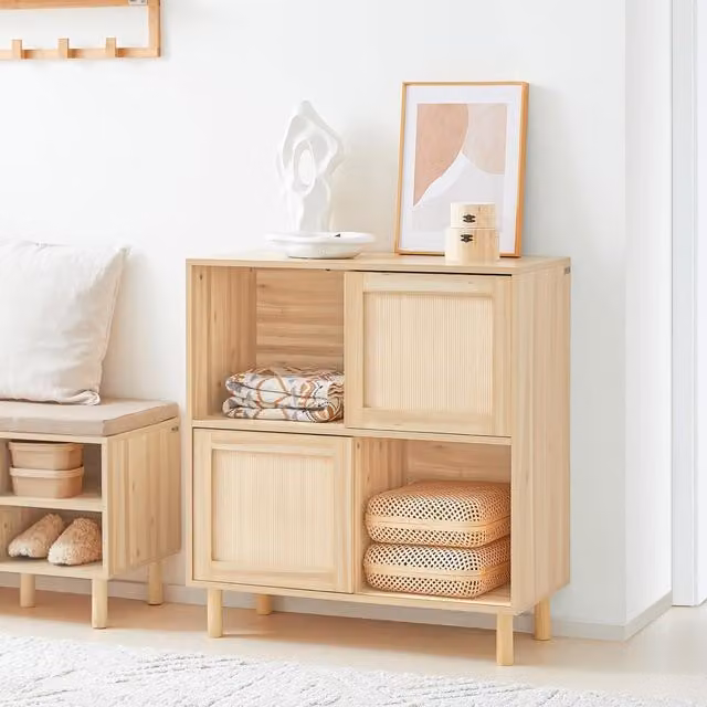 SoBuy Modern Natural Wood Sideboard with 2 Sliding Doors in Brown, Yellow and Beige