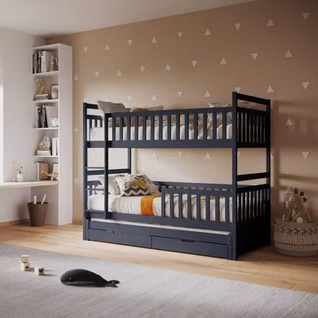 Flair Elvis Bunk Bed with Trundle and Drawers in Grey, Solid Pine Wood, W/D/H: 200 x 90 x 168 cm