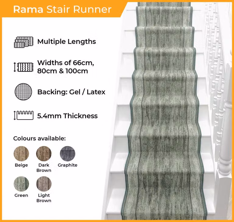 runrug Rama Stair Runner Carpet, Green, W: 66 cm, L: 690 cm