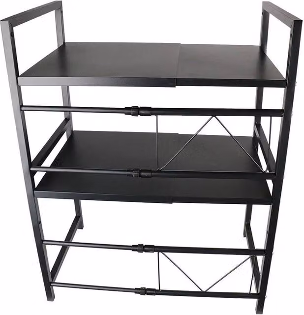 FLAVORA 3 Tier Expandable Microwave Storage Rack in Black with Adjustable Shelves