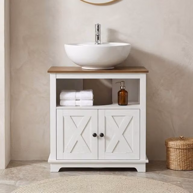 STILVORA White Under Sink Bathroom Cabinet with Hinged Double Doors and Internal Shelves