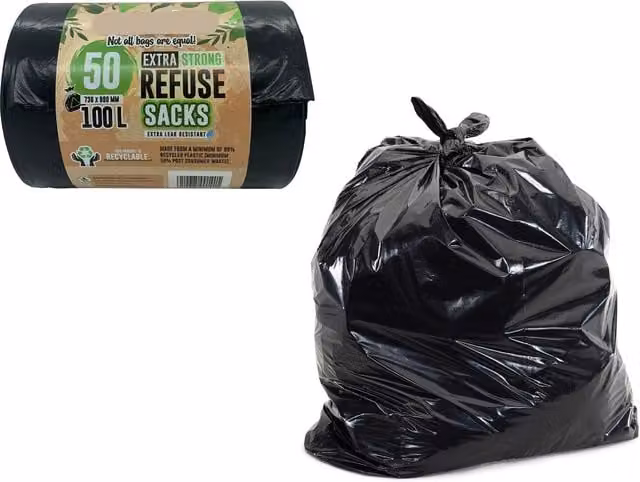 Shop4allsorts 50 Heavy Duty Black Bin Bags, 100L Refuse Sacks
