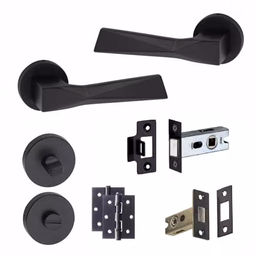 Golden Grace Aura Bathroom Door Handle Set with Latch and Hinges in Matt Black – 1
